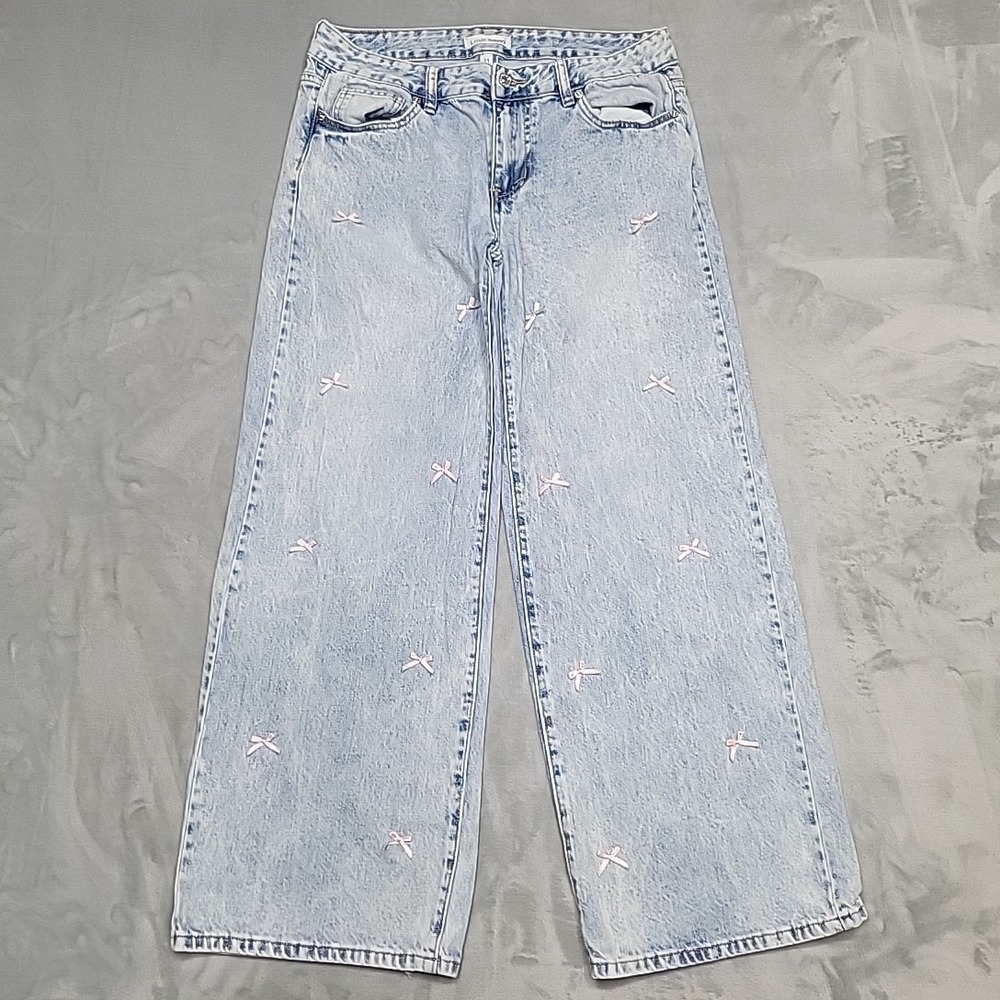 Love Soho Jeans Women 11 Light Wash Embroidered Bow Wide Leg Coquette High Rise